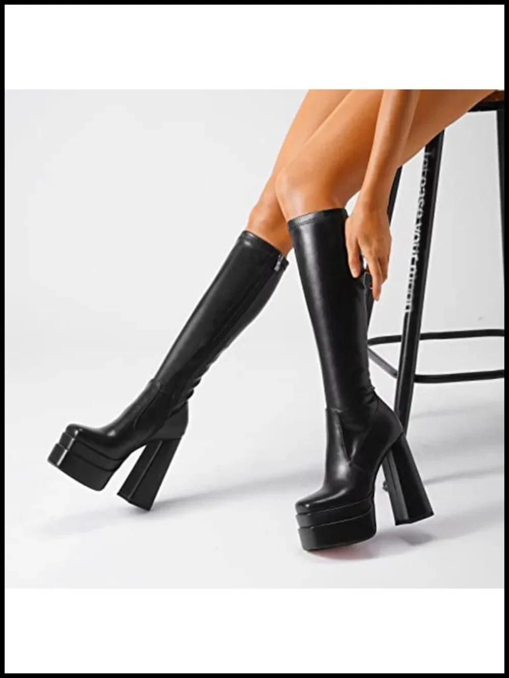 Knee High Platform Boots Chunky Heel Square Toe Stretch Fabric Go Go Boots